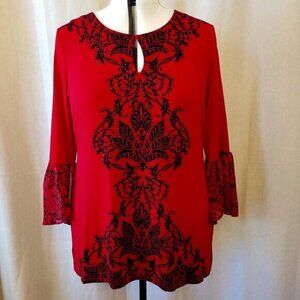 JM Collection Red Hot & Black Beaded Blouse Sheer Bell Sleeves, Size XL